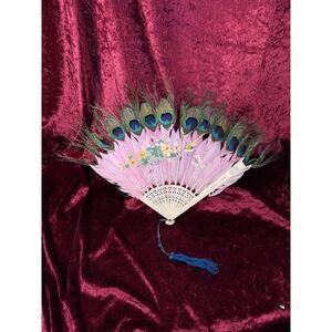 Antique Chinese Handheld Fan Peacock Feathers Pierced Bone Staves Hand Painted